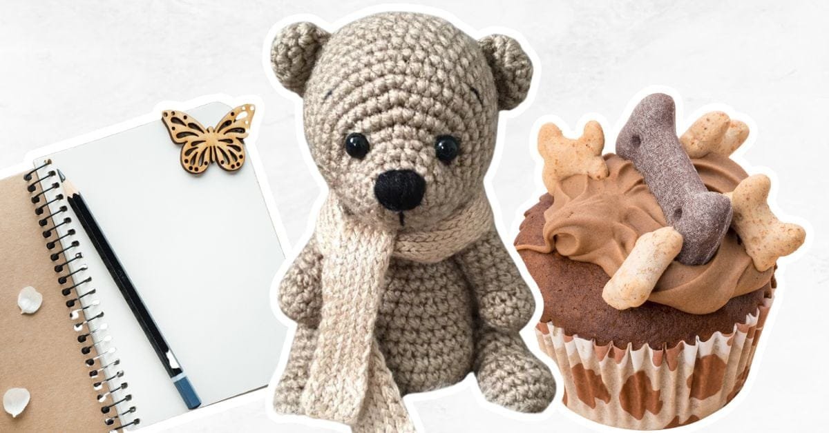 Homemade journal, crocheted teddy and dog treat cupcake.