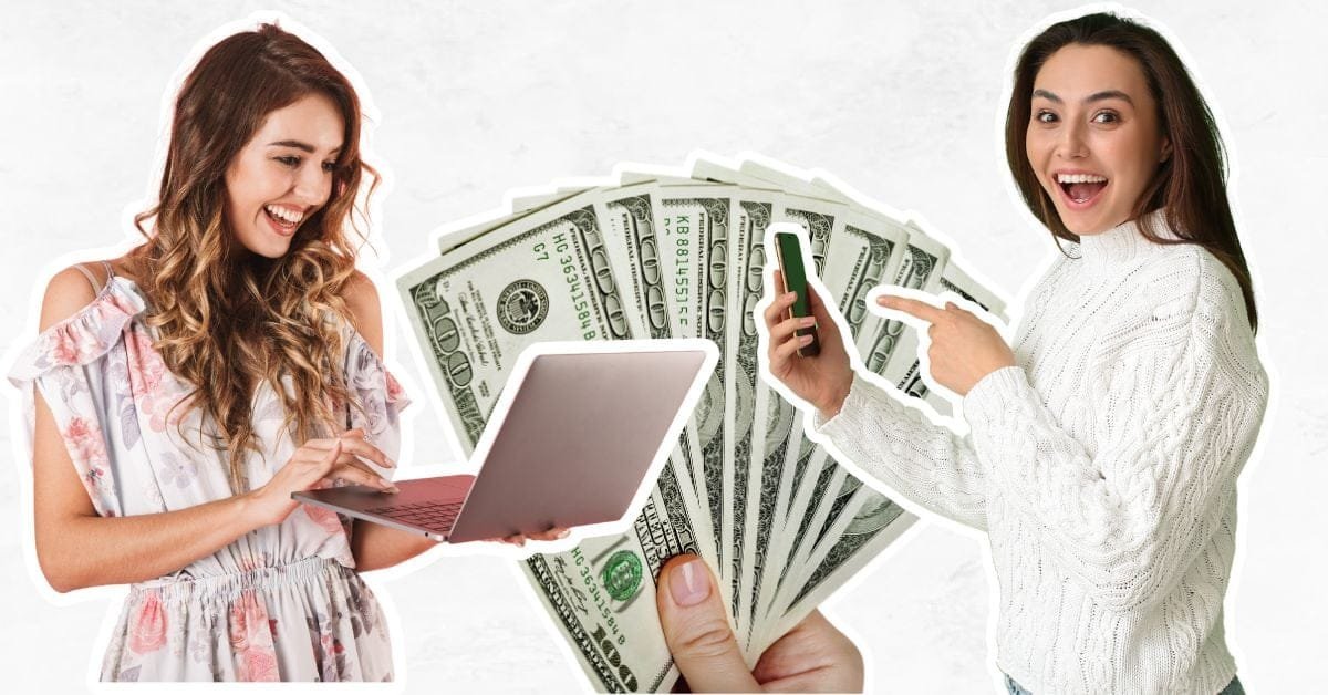Woman using laptop and woman on a mobile phone with money to represent making money online.