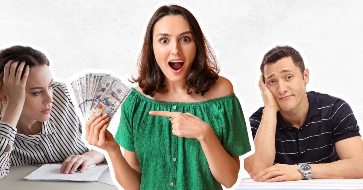 Man and woman looking bored and happy woman holding a lot of money.