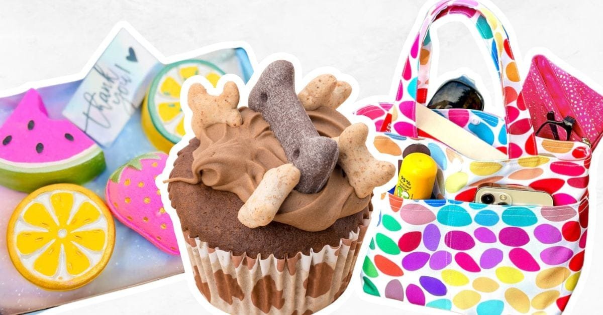 Box of bath bombs, dog treat cupcake and tote bag as DIY gift ideas.