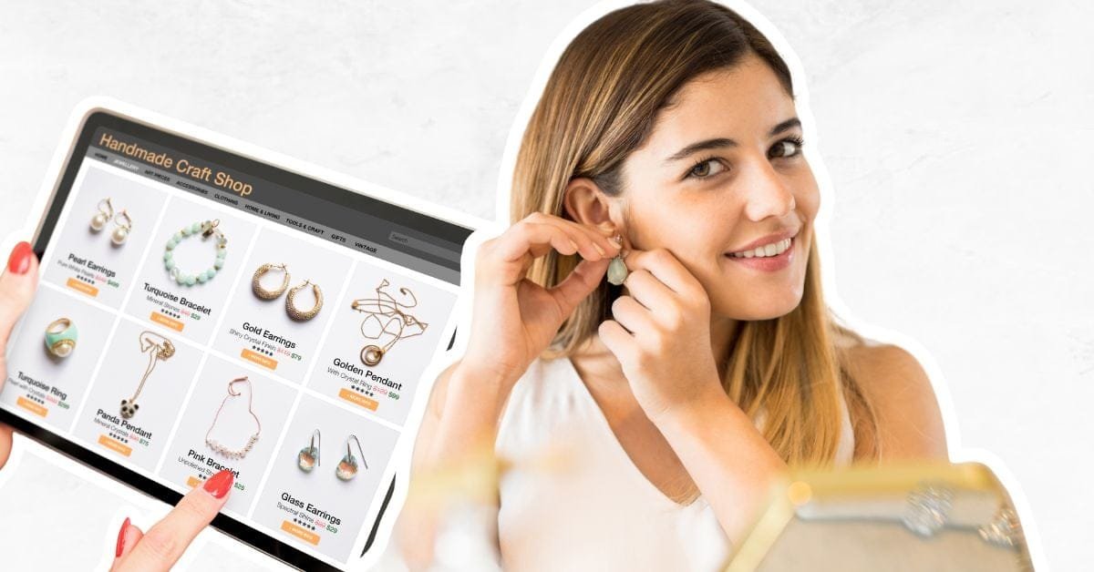 Woman putting jewelry on and an online jewelry shop.